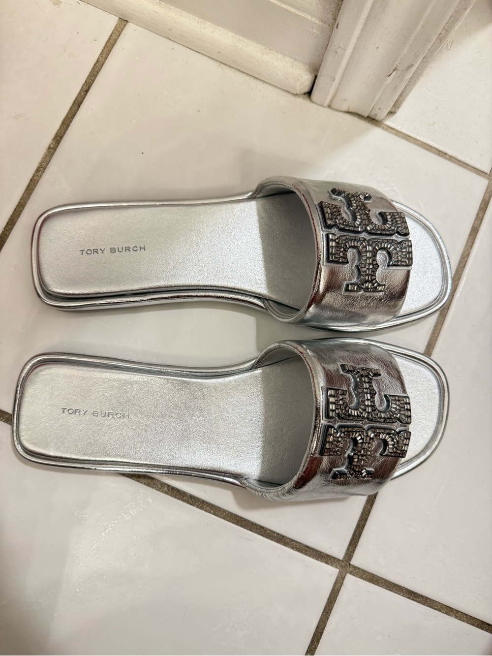 Tory Burch Metallic Silver Slide Sandals - Picture 2 of 6